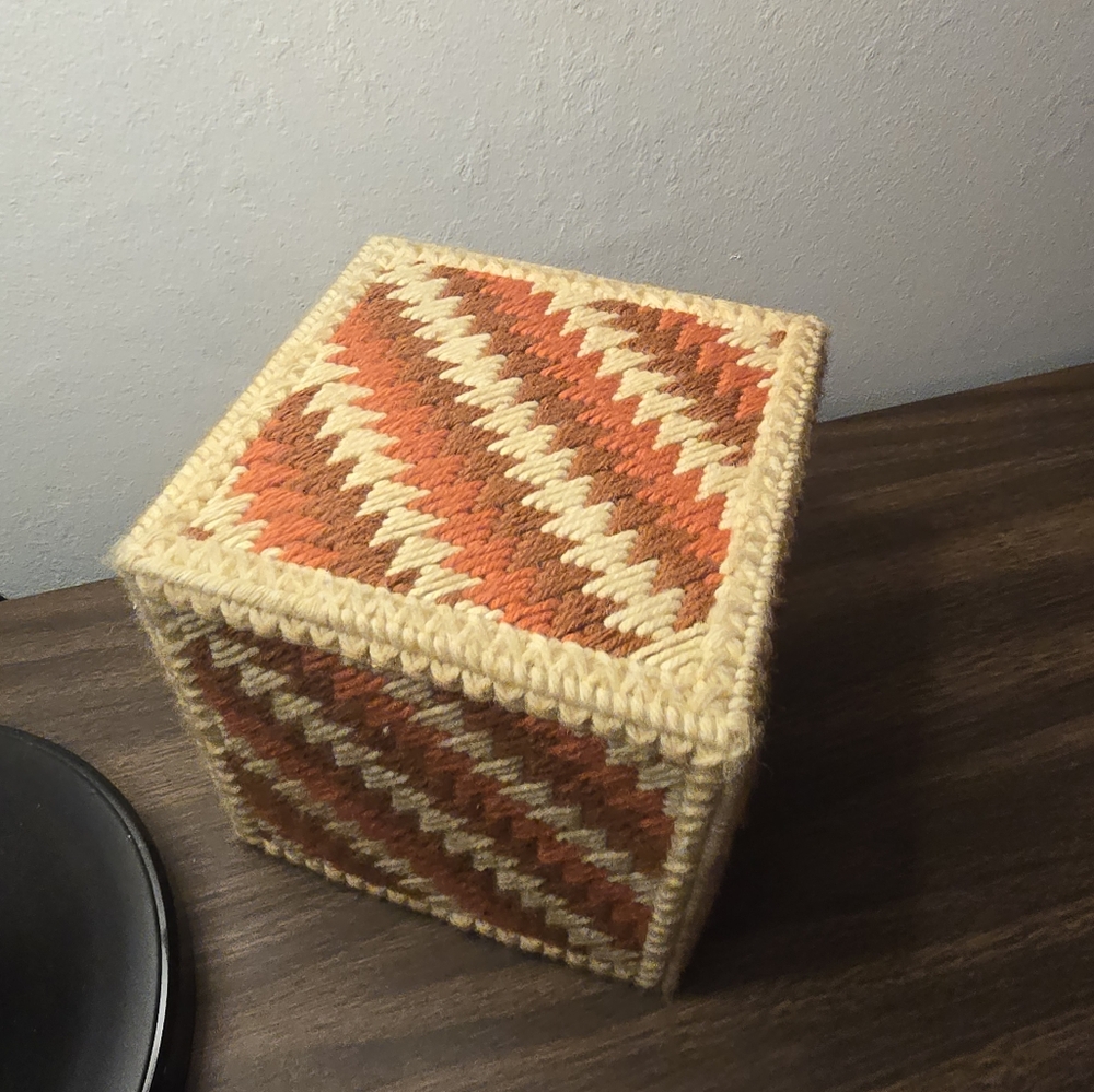 Handcrafted Crosstitch Vintage Tissue Box Holder - Orange and Cream
